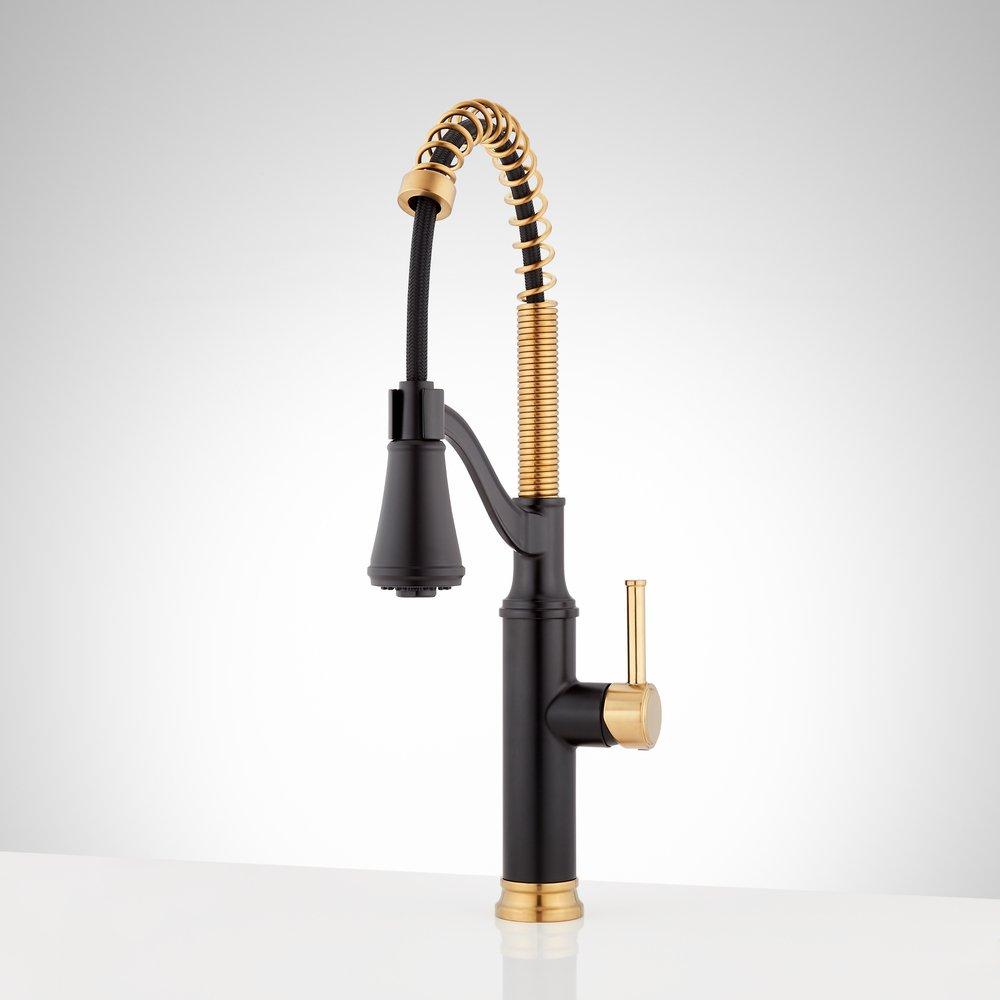 Signature Hardware Caribana Single Handle Pull Down Kitchen Faucet in Matte Black/Brushed Gold