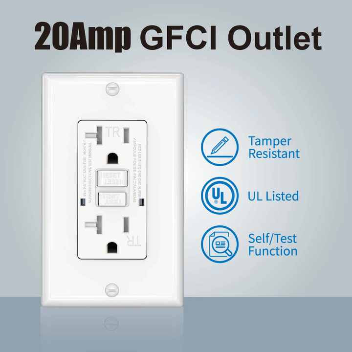 Smart White Duplex Self-Test 125V 20Amp WR TR GFI Socket Wall Outlet GFCI Receptacle with Wallplate for Home