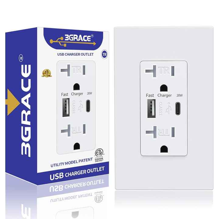 US Standard USB Wall Outlet Type-c Charger Wall Socket 20A125V Speed Charge Usb Wall 20A Duplex Tamper-Resistant Receptacle Plug