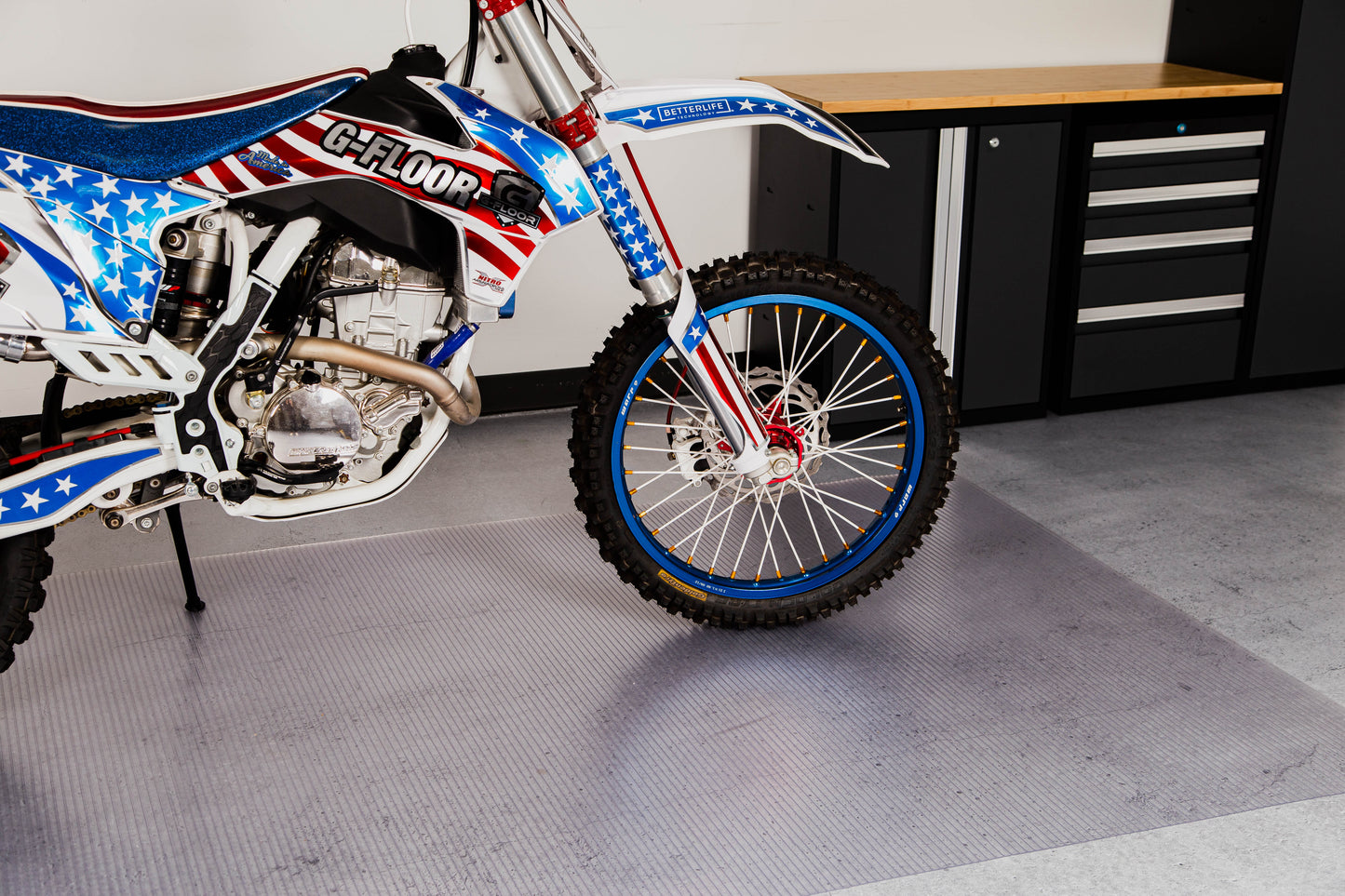 Motorcycle Mat | Ribbed™ Tread | 5' x 10' | G-Floor<sup>®</sup> Roll-Out Vinyl Flooring