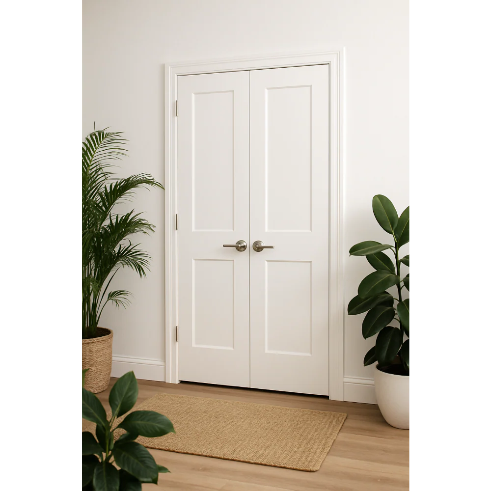 3/0x6/8 White Shaker 2-Panel Solid Core Primed MDF Prehung Interior French Door