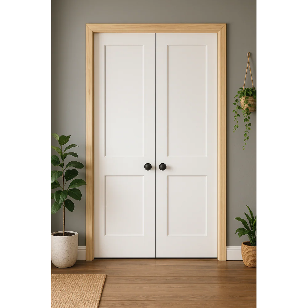 4/0x8/0 White Shaker 2-Panel Solid Core Primed MDF Prehung Interior French Door