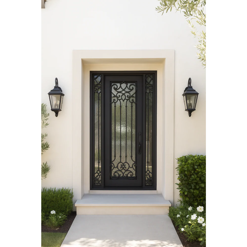 Carmen 5/9x8/0 Square Exterior Wrought Iron Prehung Double Door