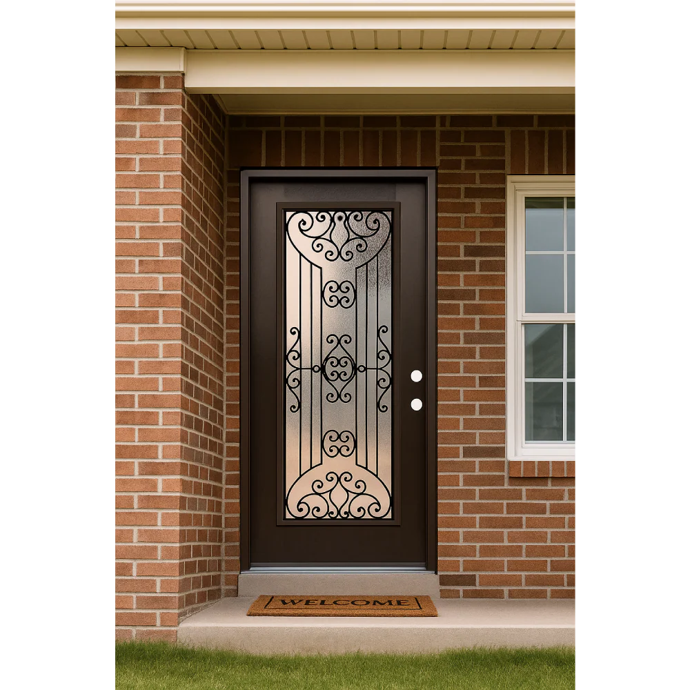 Jupiter 3/0x6/8 Prehung Prefinished Fiberglass Door in Dark Walnut