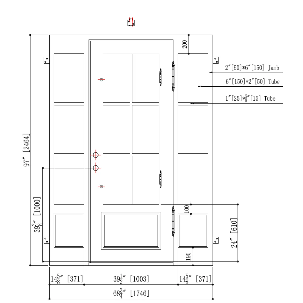5/9x8/0 6 Lite Exterior Wrought Iron Prehung Door with Sidelites