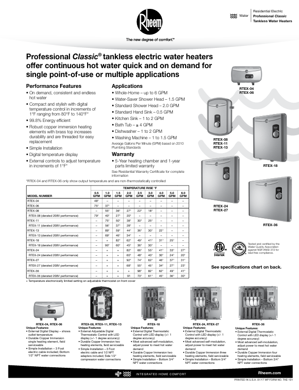 RHEEM RTEX-08 8kw 240v Tankless, Instant Electric Water Heater