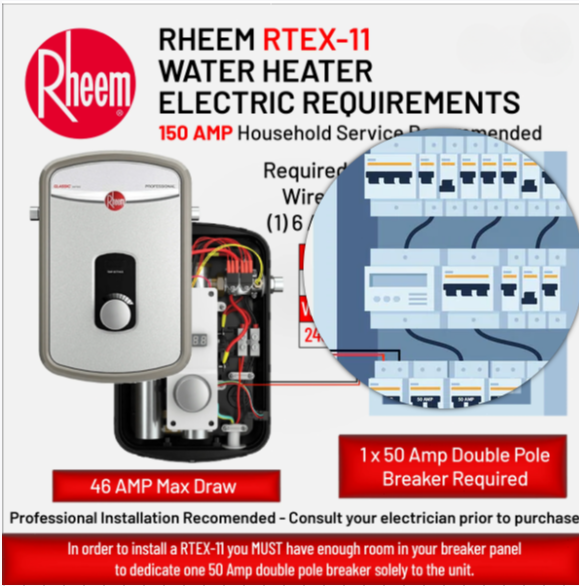 RHEEM RTEX-11 11kw 240v Tankless, Instant Electric Water Heater