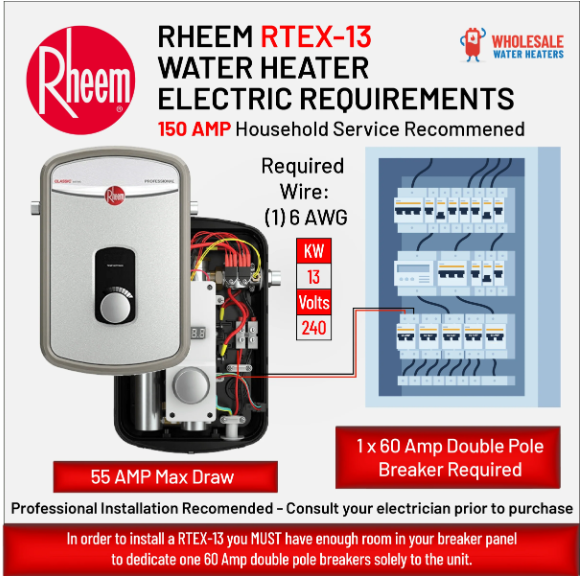 RHEEM RTEX-13 13kw 240v Tankless, Instant Electric Water Heater