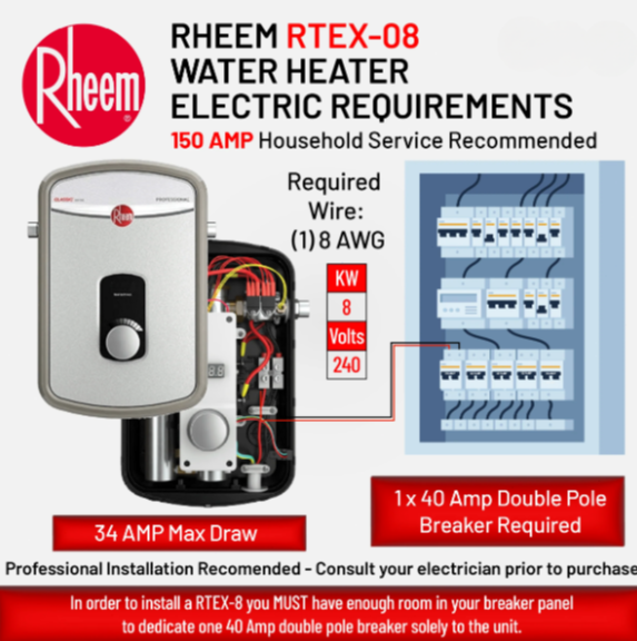 RHEEM RTEX-08 8kw 240v Tankless, Instant Electric Water Heater