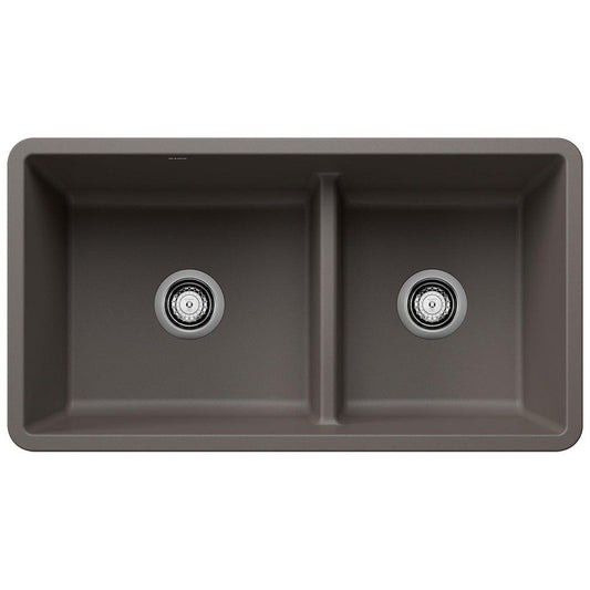 BLANCO Precis 33 in. Undermount Composite Double Bowl Kitchen Sink in Volcano Grey