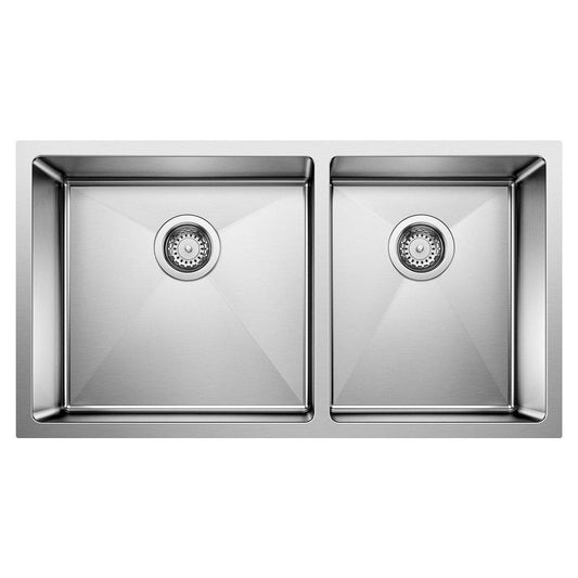BLANCO Quatrus 33 in x 18 in No Hole Stainless Steel Double Bowl Undermount Kitchen Sink in Satin