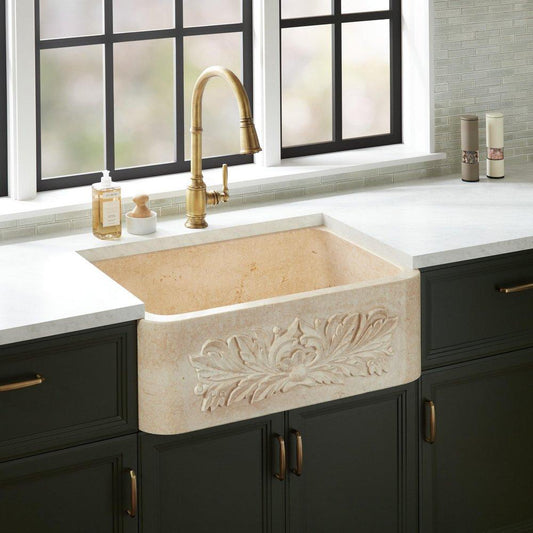 Signature Hardware Silbury 30 in. Farmhouse Ivy Marble Single Bowl Kitchen Sink in Egyptian Cream