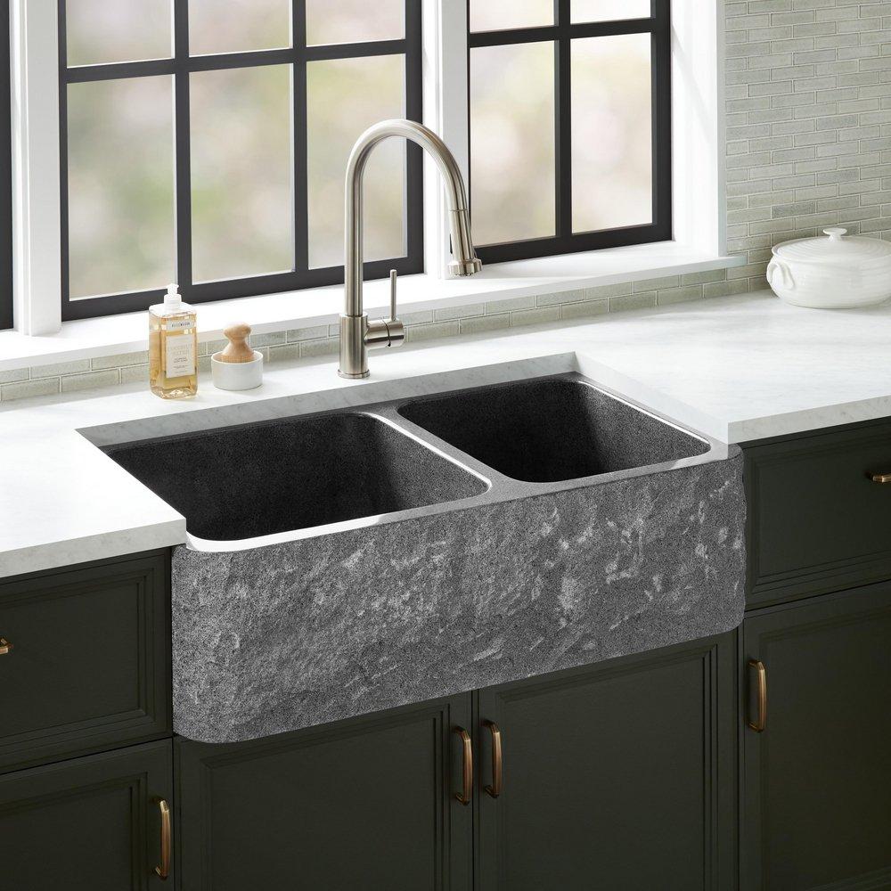 Signature Hardware Finbrook 36 in. Farmhouse Granite Double Bowl Kitchen Sink in Black