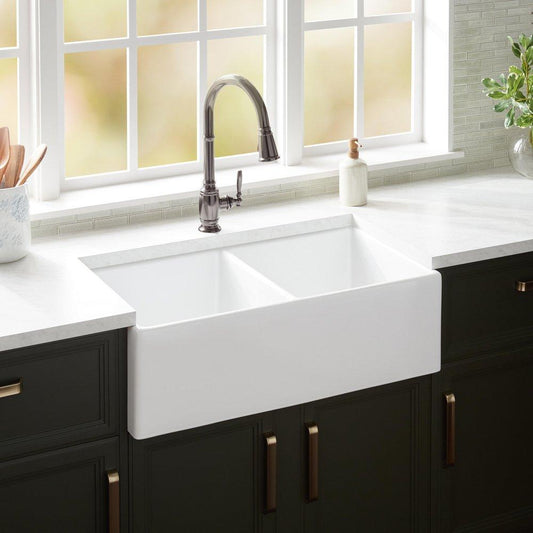 Signature Hardware Rowena 33 in. Double Bowl Fireclay Apron Kitchen Sink in White