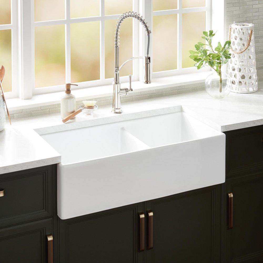 Signature Hardware Rowena 36 in. Double Bowl Fireclay Apron Kitchen Sink in White