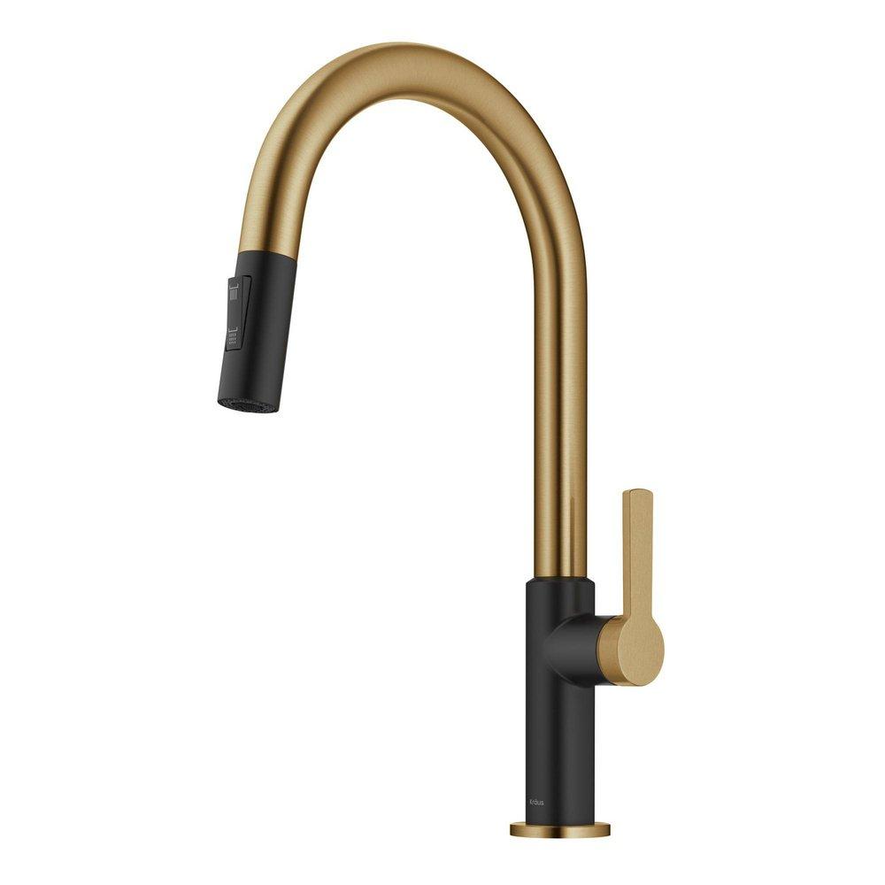 Kraus Oletto Single Handle Pull Down Kitchen Faucet in Brushed Brass/Matte Black
