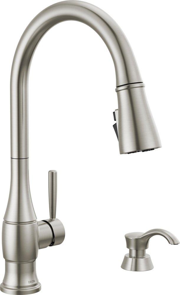 Delta Faucet Hazelwood™ Single Handle Pull Down Kitchen Faucet with Soap Dispenser in SpotShield® Stainless
