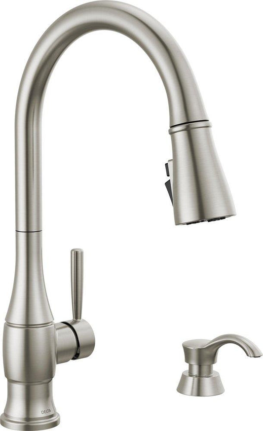 Delta Faucet Hazelwood™ Single Handle Pull Down Kitchen Faucet with Soap Dispenser in SpotShield® Stainless