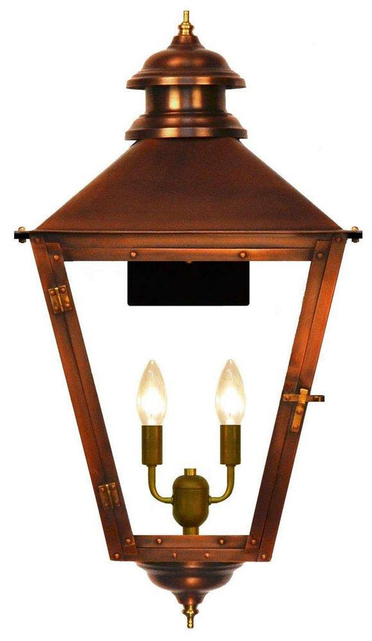 The Coppersmith Adam Street 2-Light 23in. Tall Copper Electric Outdoor Wall Sconce in Antique Copper
