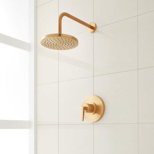 Signature Hardware Drea Pressure Balanced Shower System in Brushed Gold with Shower Head, Shower Arm, and Valve Trim