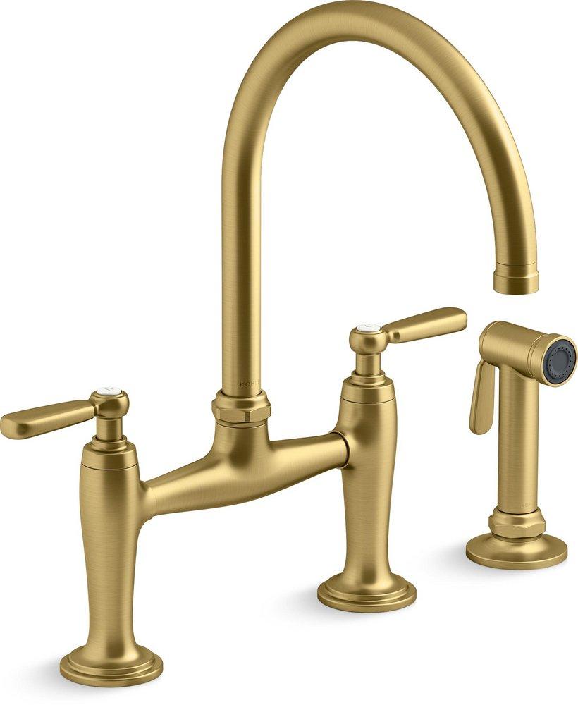 KOHLER Edalyn™ by Studio McGee Two Handle Bridge Kitchen Faucet with Side Spray in Vibrant® Brushed Moderne Brass