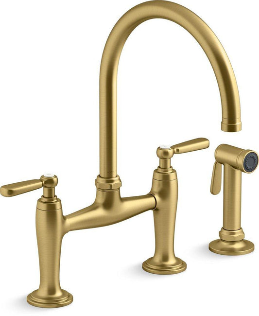 KOHLER Edalyn™ by Studio McGee Two Handle Bridge Kitchen Faucet with Side Spray in Vibrant® Brushed Moderne Brass