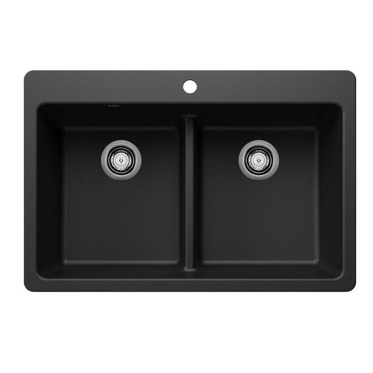 BLANCO Liven 33 in. Dual Mount Silgranit Double Bowl Low Divide Kitchen Sink in Coal Black