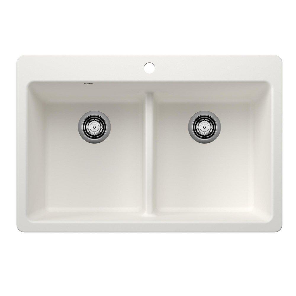 BLANCO Liven 33 in. Dual Mount Silgranit Double Bowl Low Divide Kitchen Sink in White