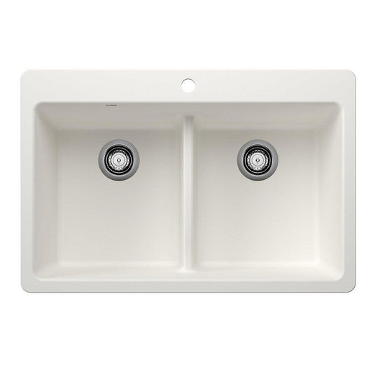 BLANCO Liven 33 in. Dual Mount Silgranit Double Bowl Low Divide Kitchen Sink in White