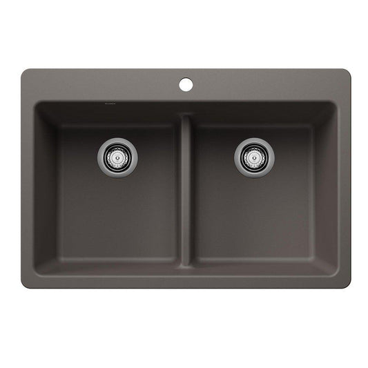 BLANCO Liven 33 in. Dual Mount Silgranit Double Bowl Kitchen Sink in Volcano Gray