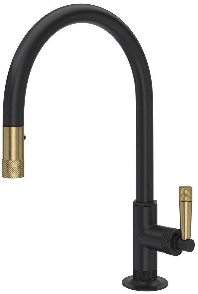ROHL® Graceline Single Handle Pull Down Kitchen Faucet in Matte Black with Antique Gold