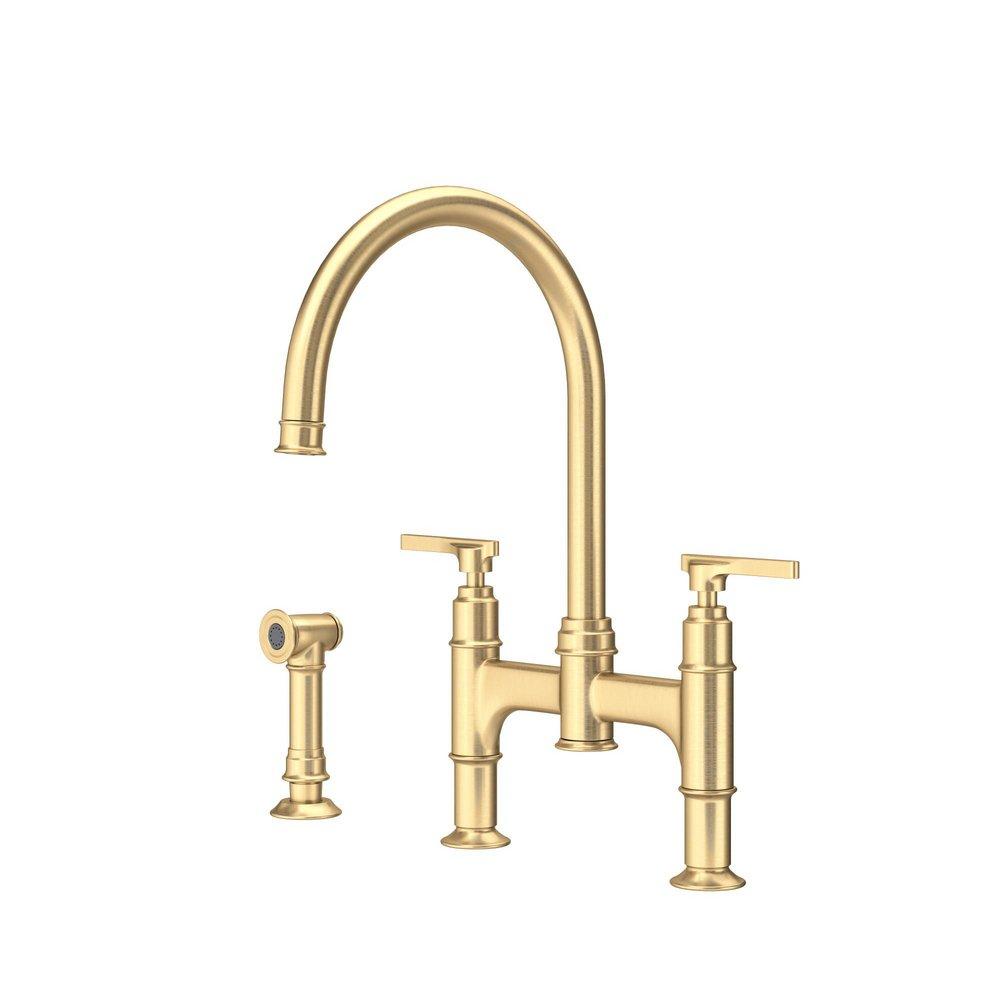 Perrin & Rowe® Southbank™ Two Handle Bridge Kitchen Faucet with Side Spray in Satin English Gold