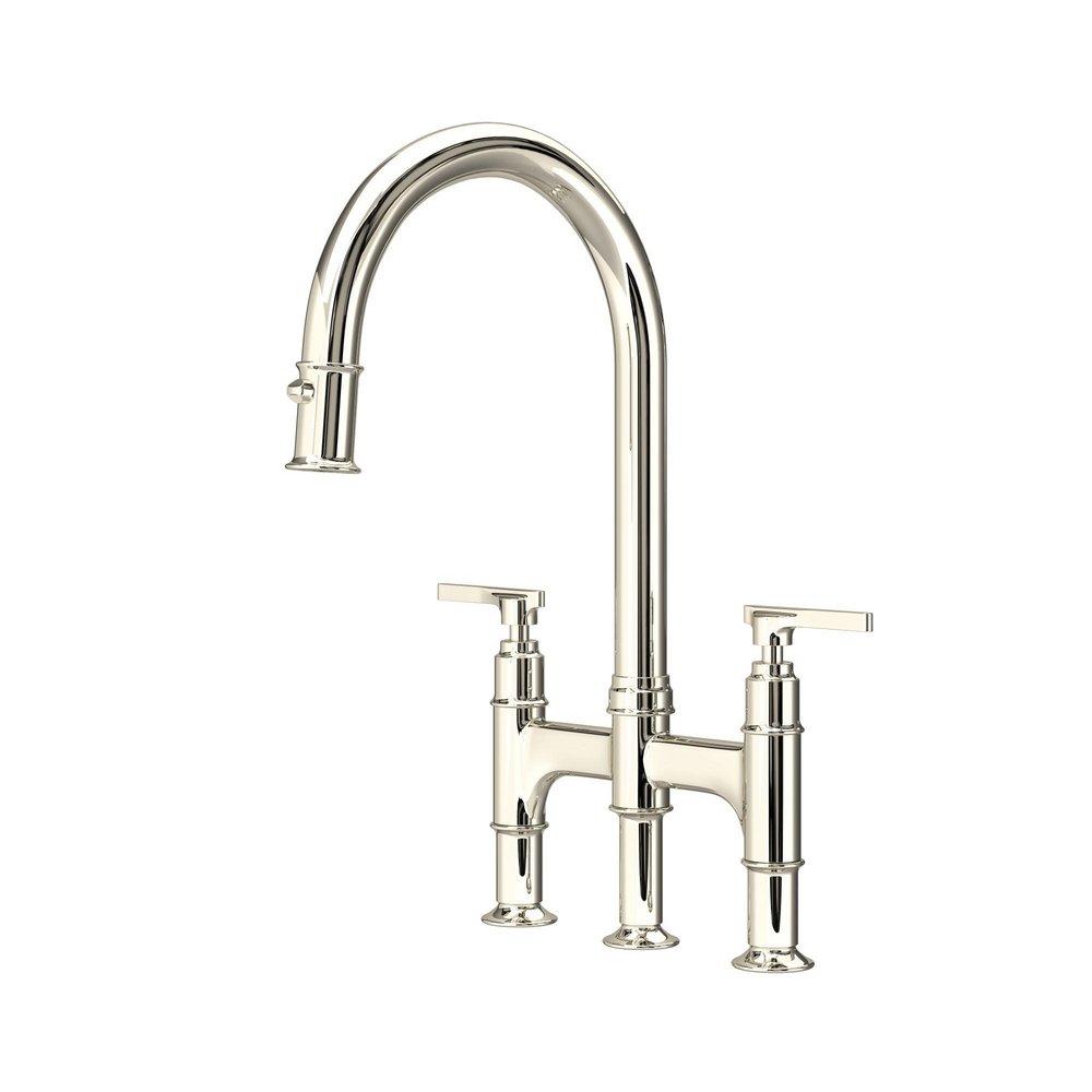 Perrin & Rowe® Southbank™ Two Handle Bridge Pull Down Kitchen Faucet in Polished Nickel