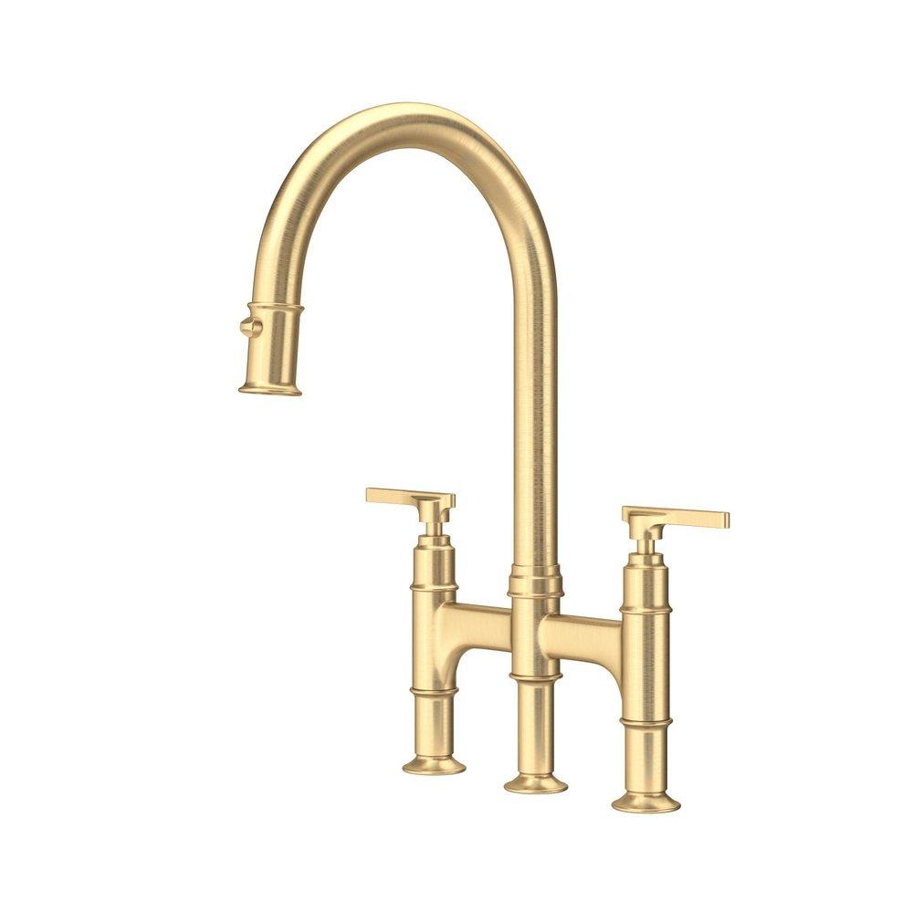 Perrin & Rowe® Southbank™ Two Handle Bridge Pull Down Kitchen Faucet in Satin English Gold
