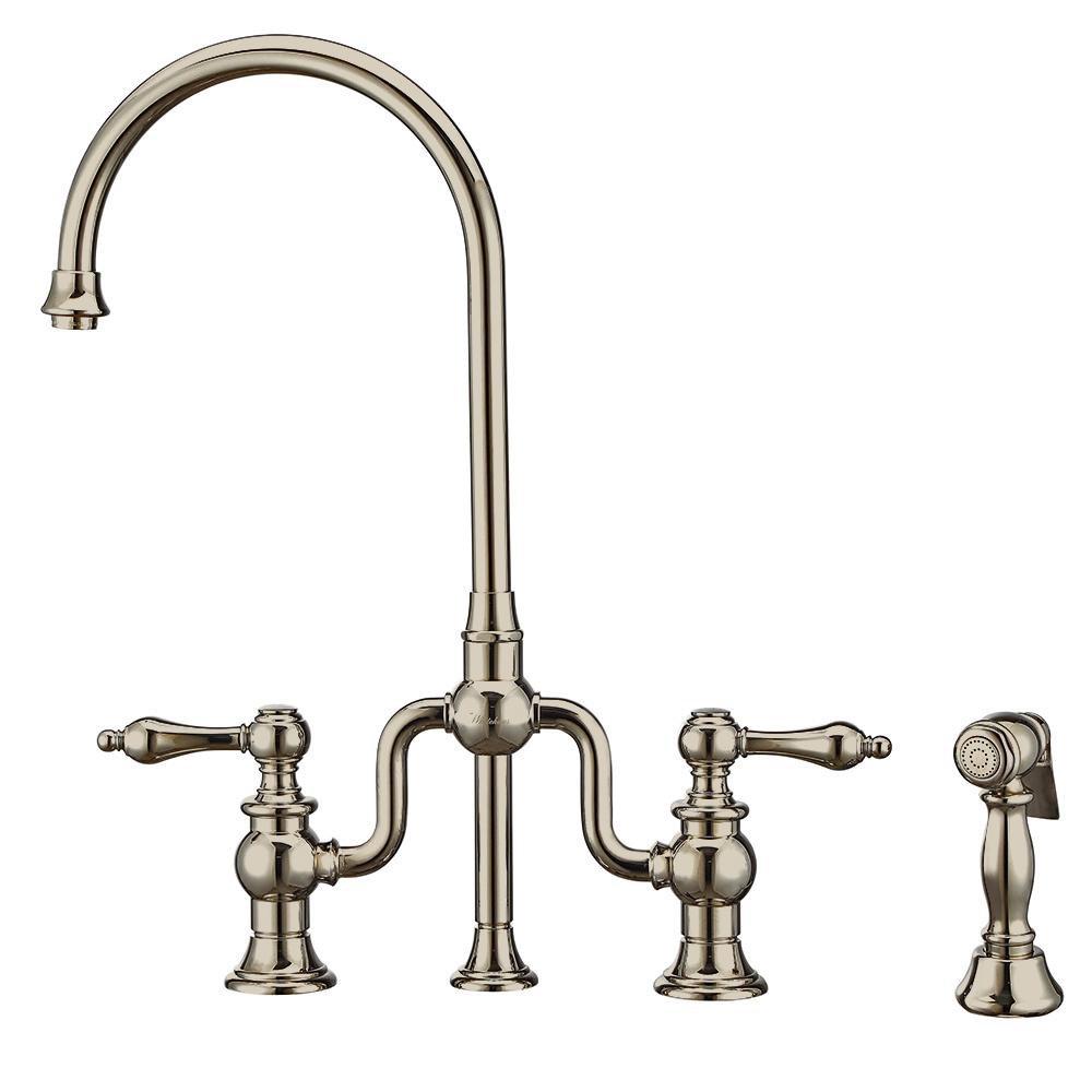 Whitehaus Collection Twisthaus Plus Two Handle Bridge Kitchen Faucet with Side Spray in Polished Nickel