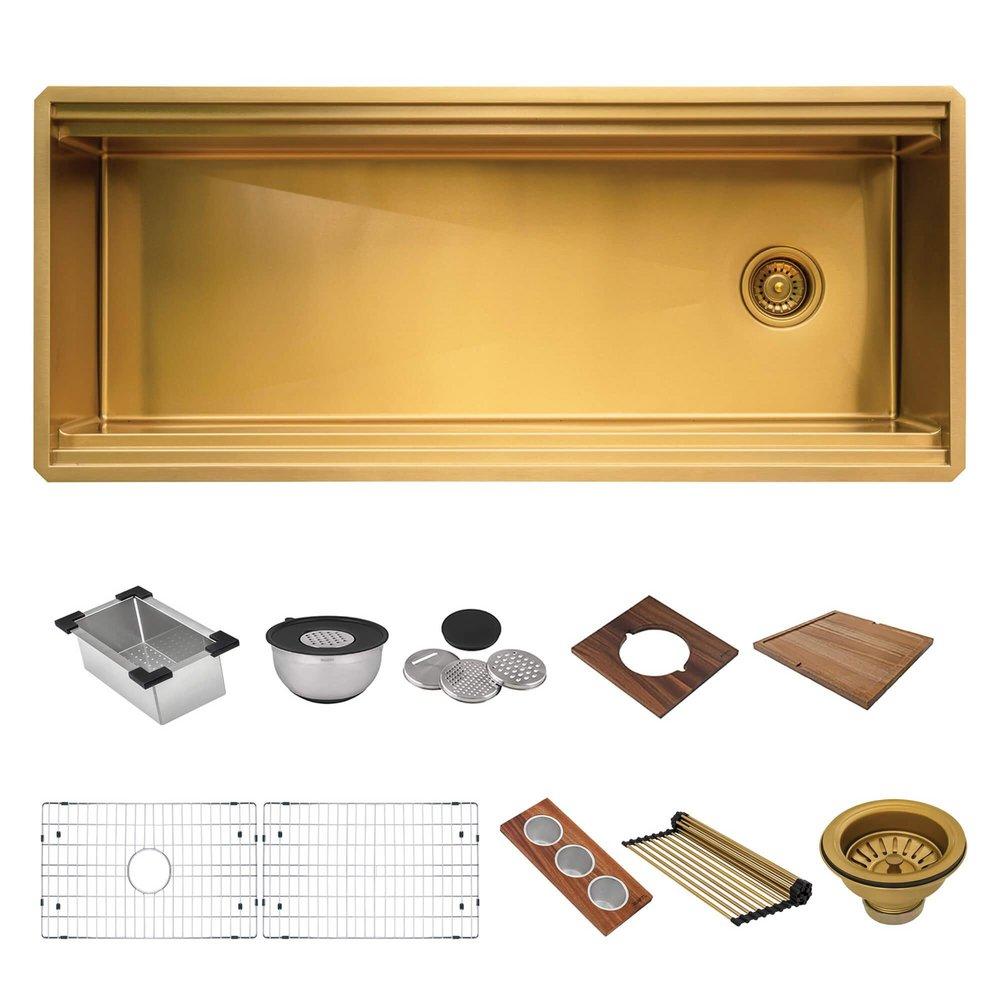 Ruvati Dual-Tier Pro 45 in. Undermount Stainless Steel Single Bowl Workstation Kitchen Sink in Matte Gold