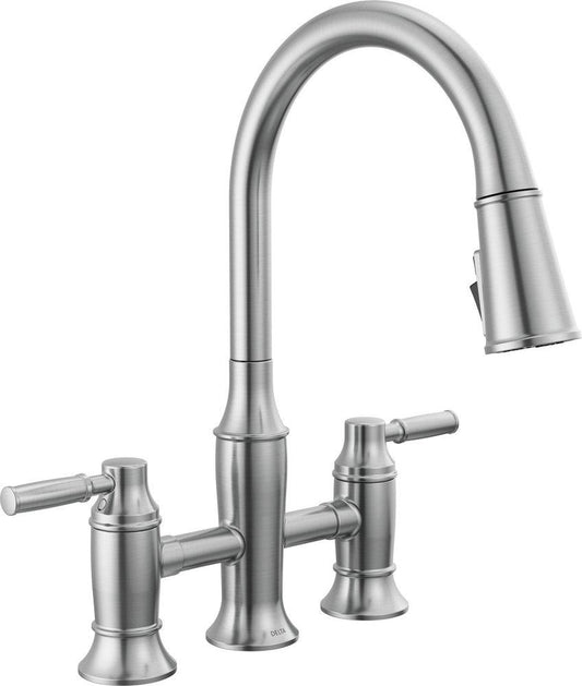 Delta Faucet Renaldi Two Handle Bridge Pull Down Kitchen Faucet in Arctic Stainless