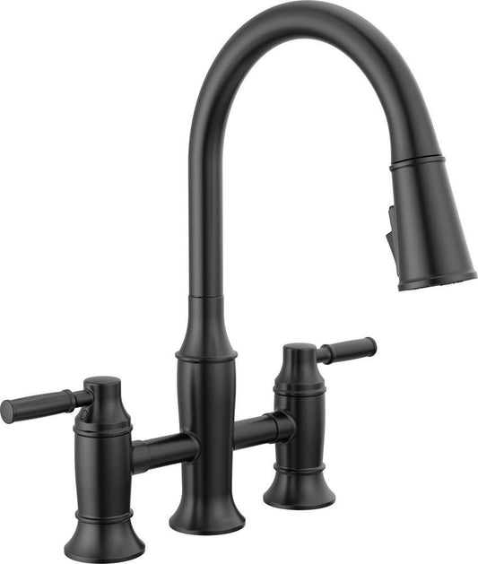 Delta Faucet Renaldi Two Handle Bridge Pull Down Kitchen Faucet in Matte Black