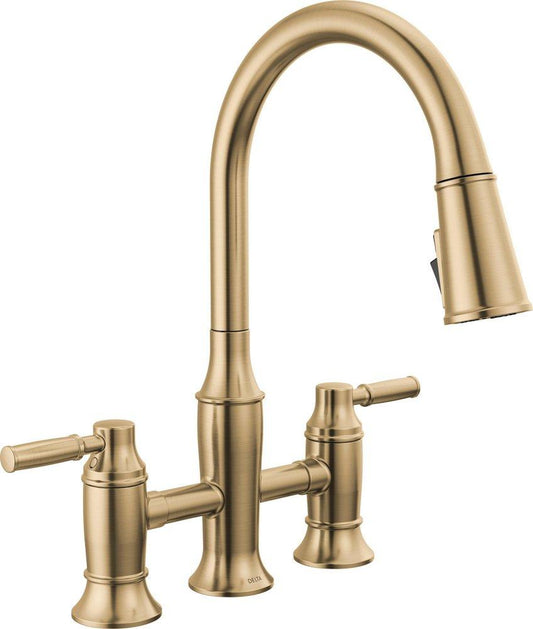 Delta Faucet Renaldi Two Handle Bridge Pull Down Kitchen Faucet in Arctic Stainless