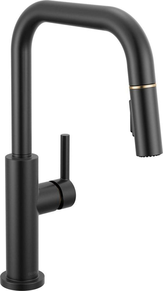 Delta Faucet Nicoli™ Single Handle Pull Down Kitchen Faucet in Matte Black with Champagne Bronze