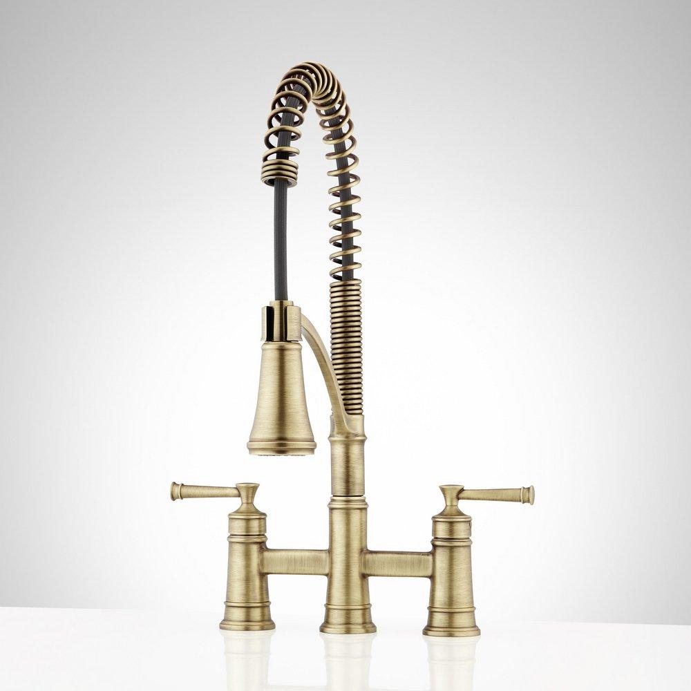 Signature Hardware Beasley Two Handle Pull Down Bridge Kitchen Faucet in Aged Brass