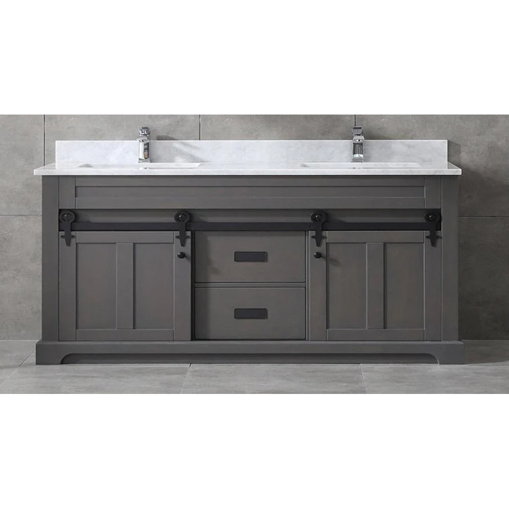 Farmhouse 72 in Double Sink Bathroom Vanity in Grey with Calacatta Gold Quartz Countertop