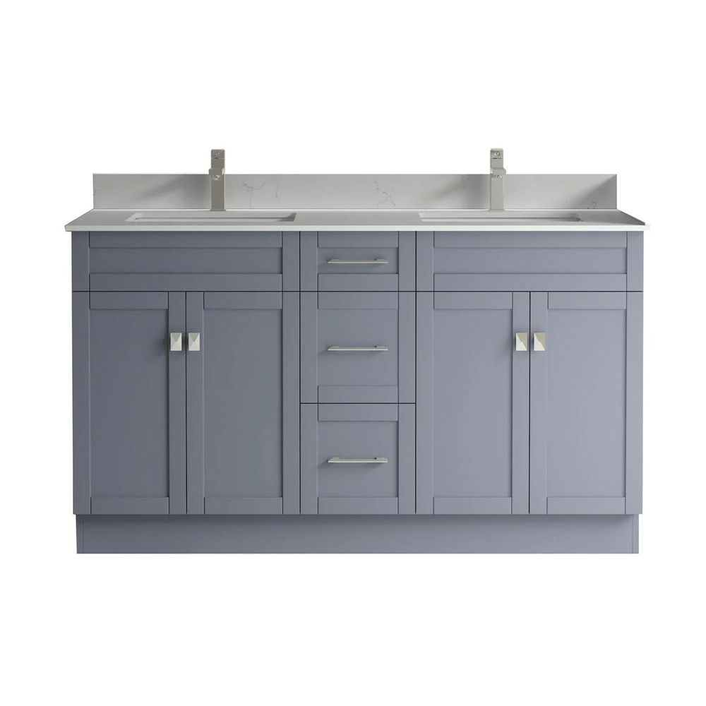 Satar 60 in Double Sink Bathroom Vanity in Grey with White Quartz Countertop