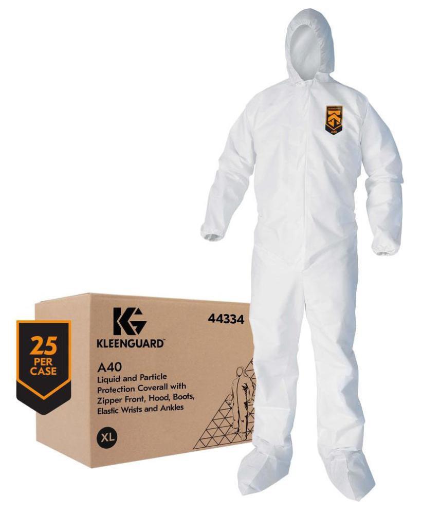KleenGuard™ A40 Liquid & Particle Protection Coveralls, Zipper Front, Elastic Wrists, Ankles, Hood & Boots, White, XL (Case of 25)