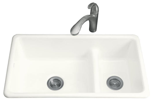 KOHLER Iron/Tones® 33 in. Dual Mount Cast Iron Double Bowl Kitchen Sink in White