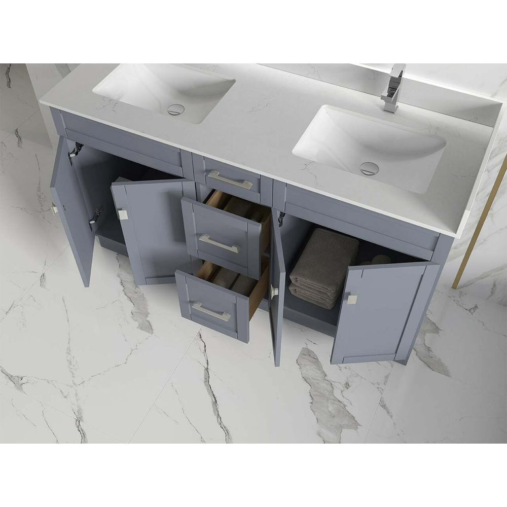 Satar 60 in Double Sink Bathroom Vanity in Grey with White Quartz Countertop