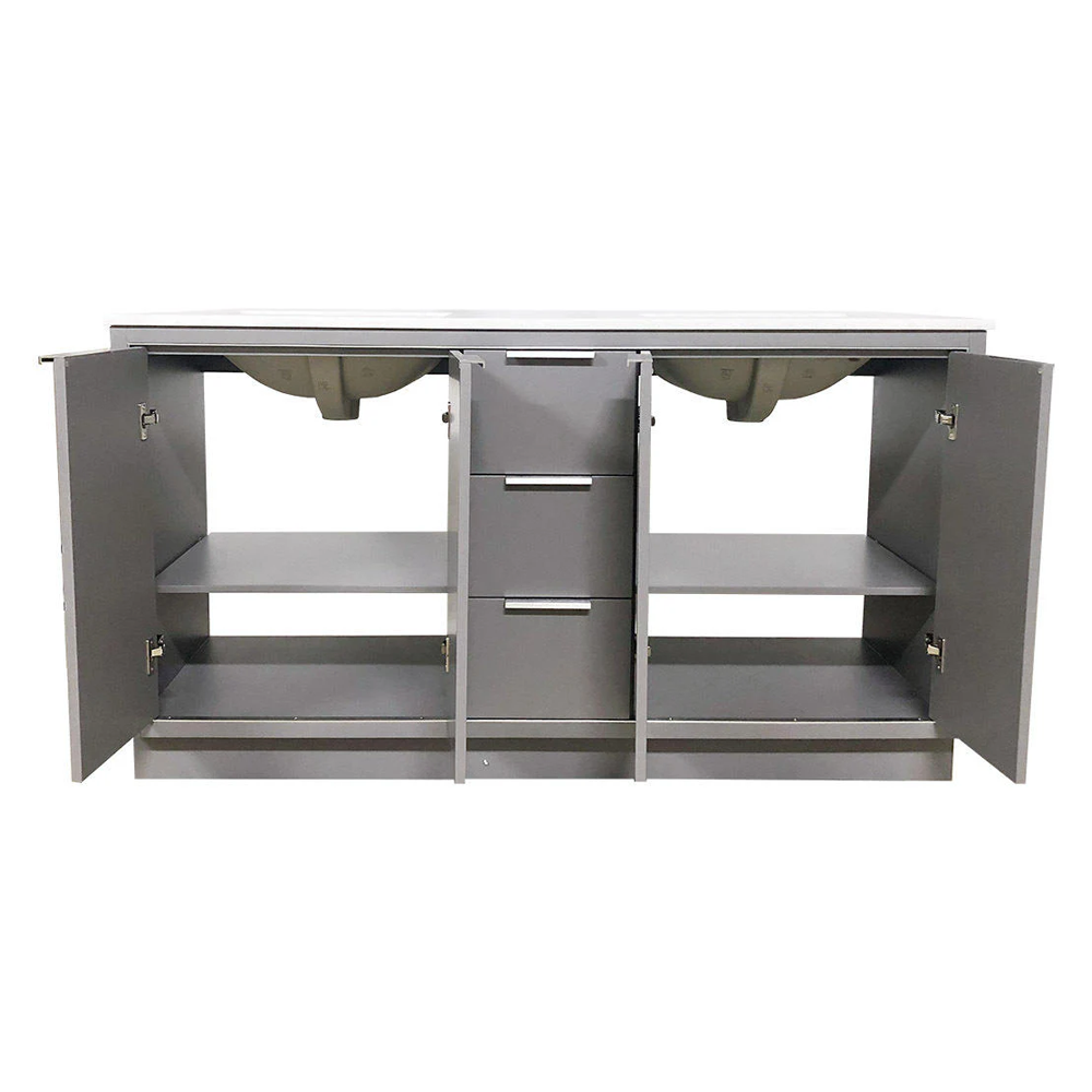 Amelie 60 in Double Sink Bathroom Vanity in Grey with Carrara White Marble Countertop