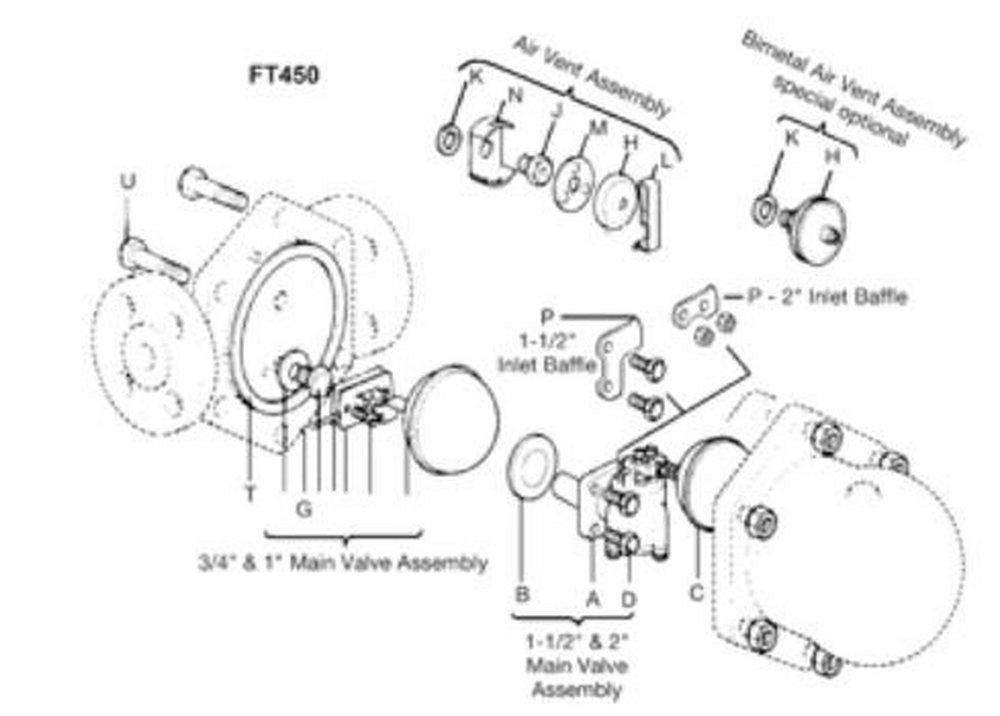 1" FT450 Float & Thermostatic Steam Trap Mechanism Assembly with Float, 4.5 bar, A B C D E F G