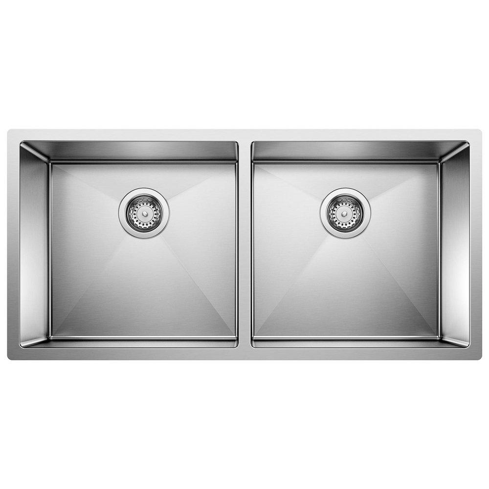 BLANCO Precision 37 in. Undermount Stainless Steel Double Bowl Kitchen Sink in Polished Satin