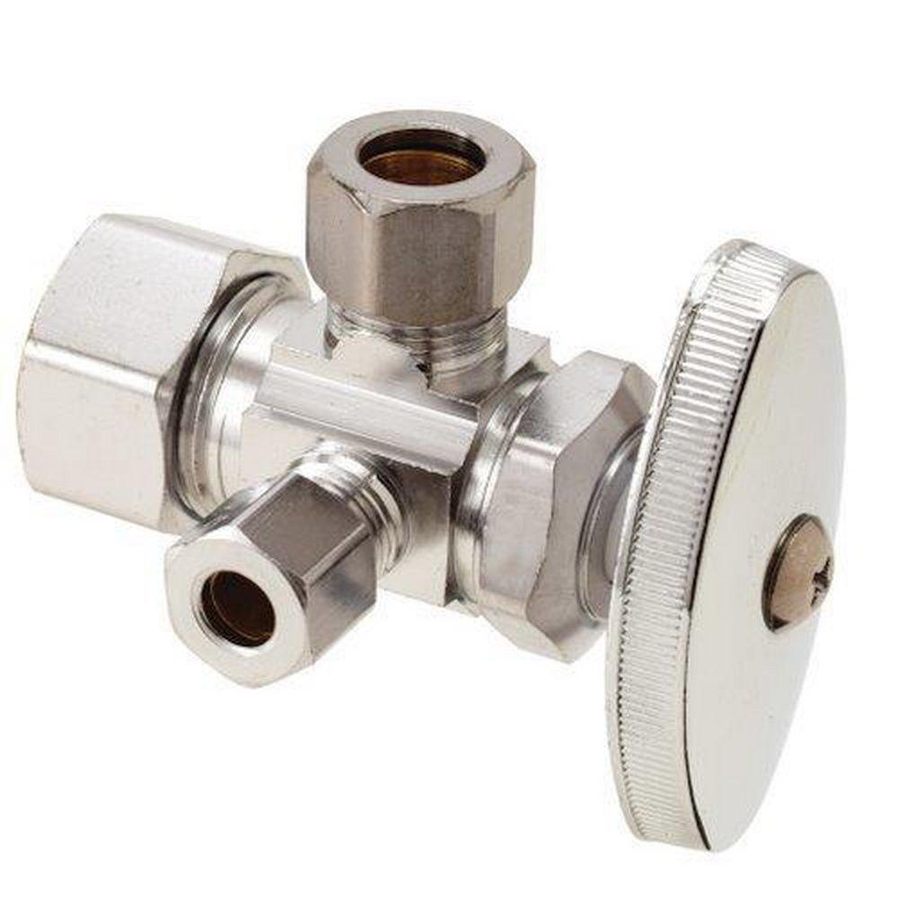 BrassCraft CR1900 Series 1/2 x 3/8 x 1/4 in. Compression x OD Compression x OD Compression Knurled Oval Handle Angle Supply Stop Valve in Chrome Plated